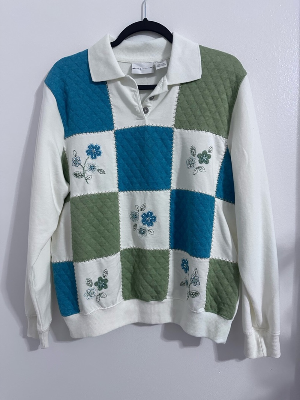 Alfred Dunner White Sweater with Teal and Olive Patchwork